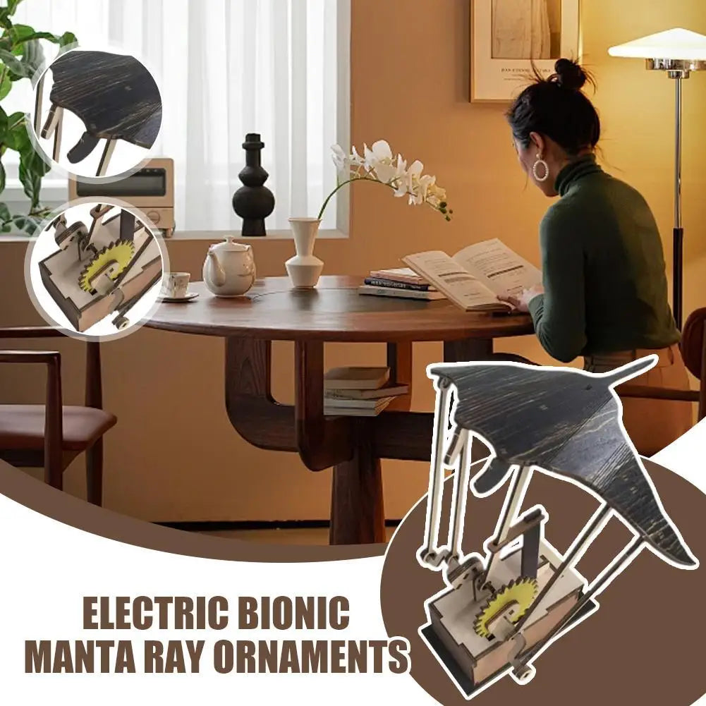 Artisan Wooden Manta Ray Automaton Handcrafted Mechanical Ocean Animal Ornaments Hand-Cranked Kinetic DIY Puzzle Decoration